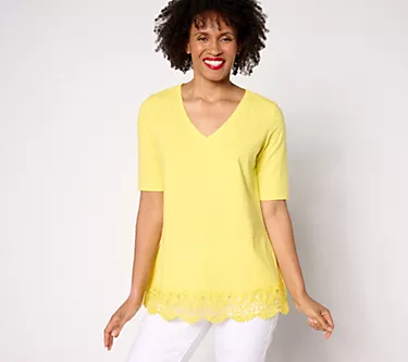 Attitudes by Renee Knit Short Sleeve Top w/ Lace Hem