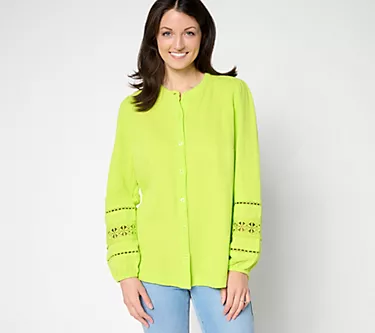 Belle Beach by Kim Gravel Cotton Gauze Ladder Lace Button Up Top