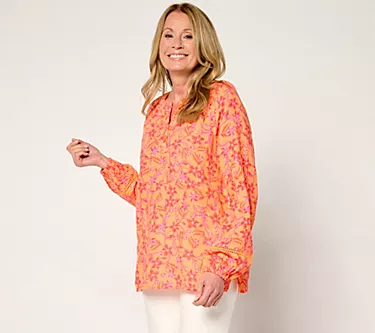 Belle Beach by Kim Gravel 100% Cotton Gauze Henley Top with Ladder Lace