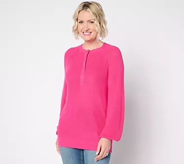 Belle by Kim Gravel Ribbed Henley Blouson Sleeve Sweater