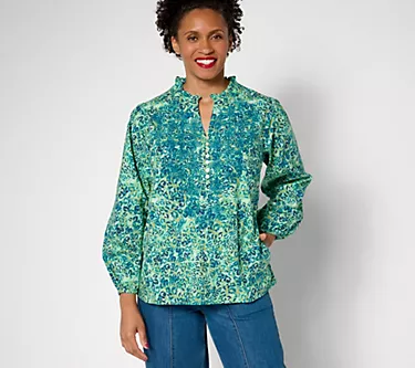 LOGO Lavish by Lori Goldstein Animal Print Embroidered Cotton Blouse
