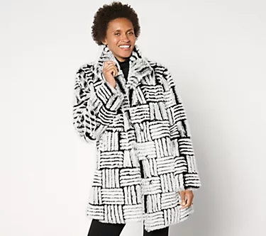 Dennis Basso Geometric Jacquard Faux Fur Coat with Hidden Snap