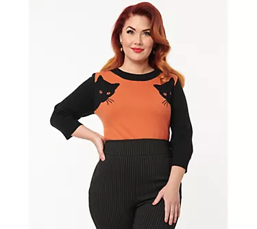 Unique Vintage 1950s Burnt Orange & Black Cat Sleeve Sweater