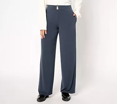 Susan Graver Petite Liquid Knit Wide-Leg Pants w/ Button Detail