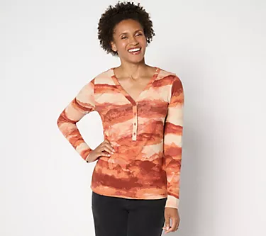 Me by Jennie Garth Bryce Printed Rib Knit Henley Top