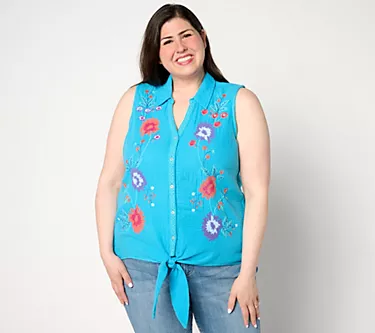 Susan Graver PASSPORT Embroidered Cotton Gauze Tie-Front Shirt 1 310746-susan-graver-passport-embroidered-cotton-gauze-tie-front-shirt-1.webp