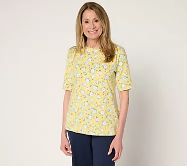 Denim & Co. Printed Favorite Jersey Elbow Sleeve Crew Neck Top