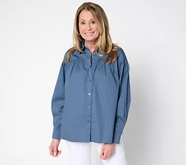 Martha Stewart Signature Shirred Woven Button Front Collared Top