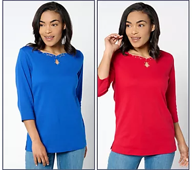 Quacker Factory Set of 2 Sparkle Keyhole 3/4-Sleeve Tops