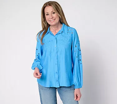 LOGO Lavish by Lori Goldstein Embroidered Eyelet Blouse