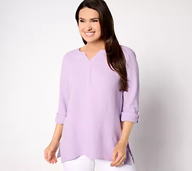 Susan Graver PURE Regular Cotton Gauze Split-Neck Tunic