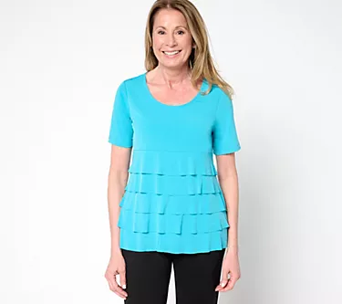 Susan Graver Liquid Knit Short Sleeve Scoop-Neck Tiered Top