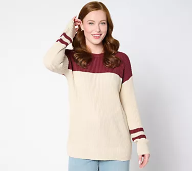 Belle by Kim Gravel Varsity Colorblock Chunky Shaker Knit Sweater