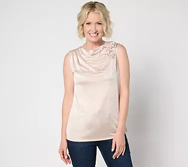 BEAUTIFUL by Lawrence Zarian Knit Satin Cowl Neck Top with Rosettes