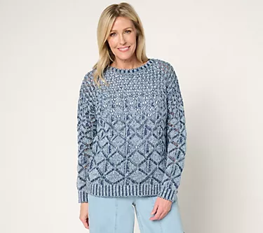 LOGO by Lori Goldstein Boat Neck Long Sleeve Plaited Sweater