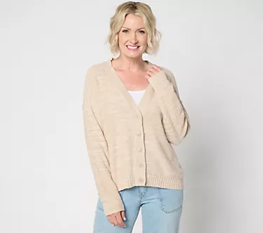 Peace Love World Circle-Hem Button-Front Cardigan