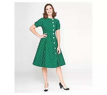 Unique Vintage Pin Dot Asymmetrical Button-Front Swing Dress