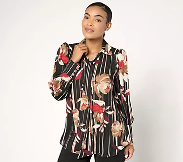 Dennis Basso Printed Woven Blouse with Balloon Sleeve