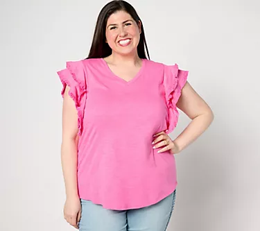Belle Beach by Kim Gravel Slub Knit Ruffle Sleeve Top w/ Fringe Trim