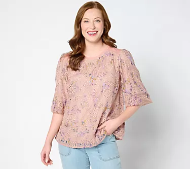LOGO Lavish by Lori Goldstein Elbow Sleeve Top with Eyelet Sleeves