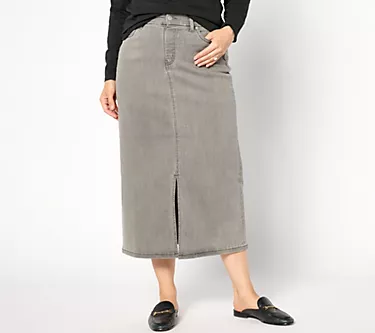 Denim & Co. Petite Grey Easy Stretch Denim Midi Skirt