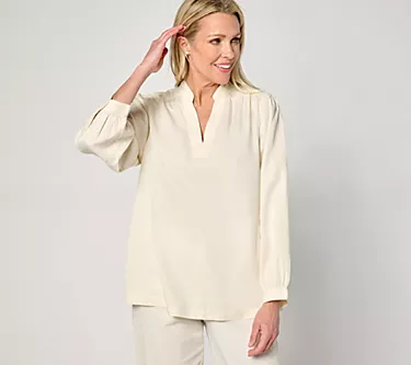 BEAUTIFUL by Lawrence Zarian Puff Sleeve Denim Blouse- Ivory