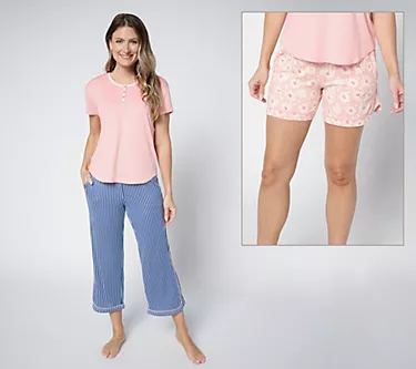 MUK LUKS Cloud Knit Tee, Short, & Capri Pajama Set
