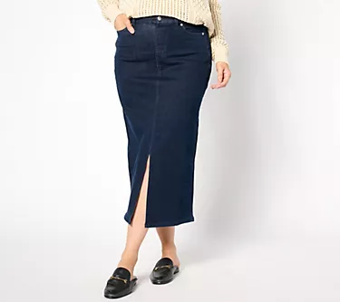 Denim & Co. Petite Indigo Easy Stretch Denim Midi Skirt