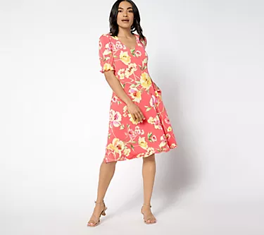 Susan Graver Petite Printed Liquid Knit Elbow Sleeve V-Neck Dress