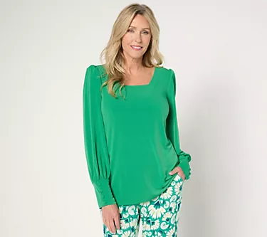 Susan Graver Liquid Knit Blouson-Sleeve Top with Button Cuff Detail