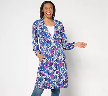 Susan Graver Petite Printed Liquid Knit Duster with Blouson Sleeves