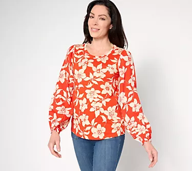 AnyBody Cozy Knit Mixed Media Printed Blouse