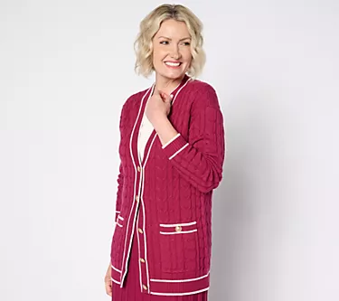 Isaac Mizrahi Live! Regular Iconic Cable Button Front Cardigan
