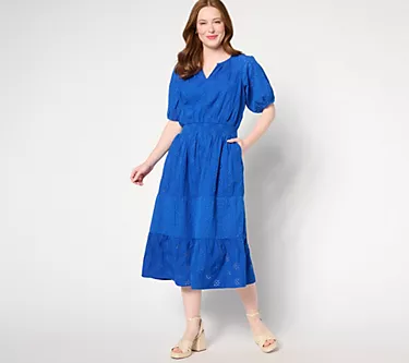 Isaac Mizrahi Live! Regular Cotton Eyelet Tiered Midi Dress