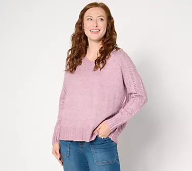 Denim & Co. Heritage Raglan V-Neck Sweater with Pointelle