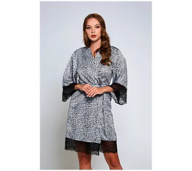iCollection Leopard Print Satin Robe with Lacerim