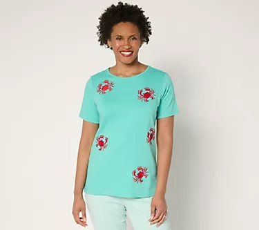 Quacker Factory Embroidered and Beaded Short Sleeve Top