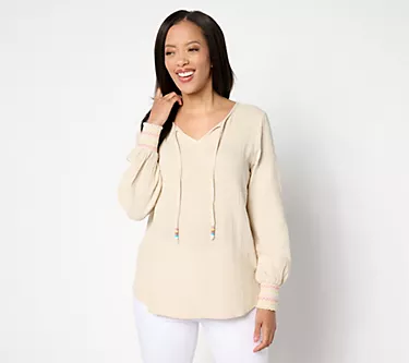 Belle Beach by Kim Gravel Cotton Gauze Color Crush Smocked Slv Top