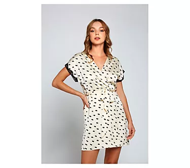 iCollection Polka Dots Satin Robe with Scalloped Lace Trim
