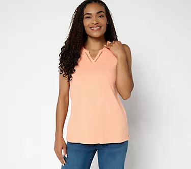 Denim & Co. Slub Jersey Lattice Trim Split Neck Tank