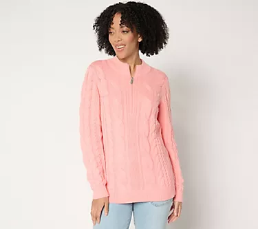 Denim & Co. Half Zip Cable Knit Long Sleeve Sweater