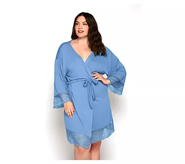 iCollection Soft Viscose Robe with Lace Trim and Waist Tie