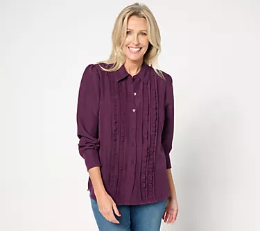 Denim & Co. Heritage Ruffle-Front Puff-Sleeve Button-Up Top