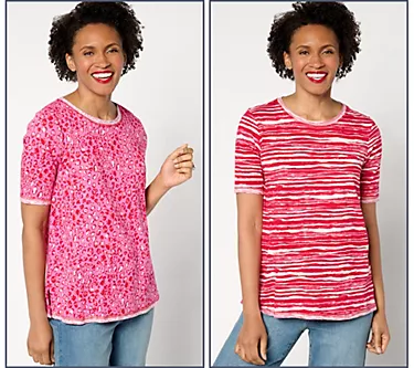 LOGO by Lori Goldstein Elbow-Sleeve Scoop-Neck Two-Pack Tees
