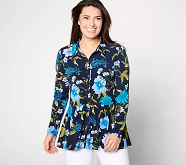 Susan Graver Petite Printed Liquid Knit Romantic Peplum Cardigan