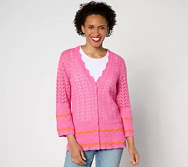 Isaac Mizrahi Live! Button Front Pointelle Cardigan with Wave Tipping