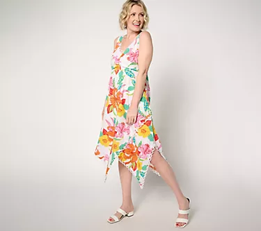 GRAVER Susan Graver Petite Printed Eyelet Asymmetric Hem Dress