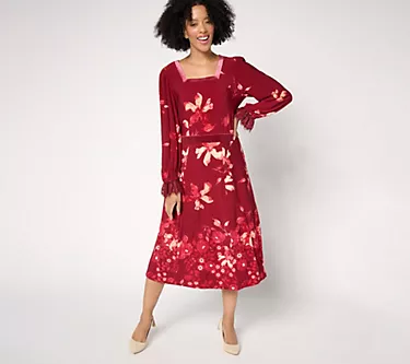 Susan Graver Reg Printed Liquid Knit Lace & Velvet Trim Midi Dress