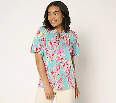 Denim & Co. Short Sleeve Printed Blouse with Tassels