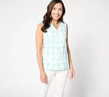 Denim & Co. Printed Perfect Jersey Split V-Neck Tank Top